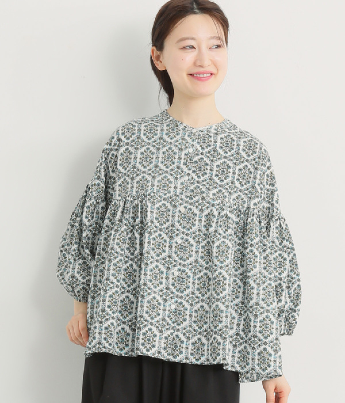コットンモダールギャザーシャツ6分袖(ブルー-ONESIZE)
