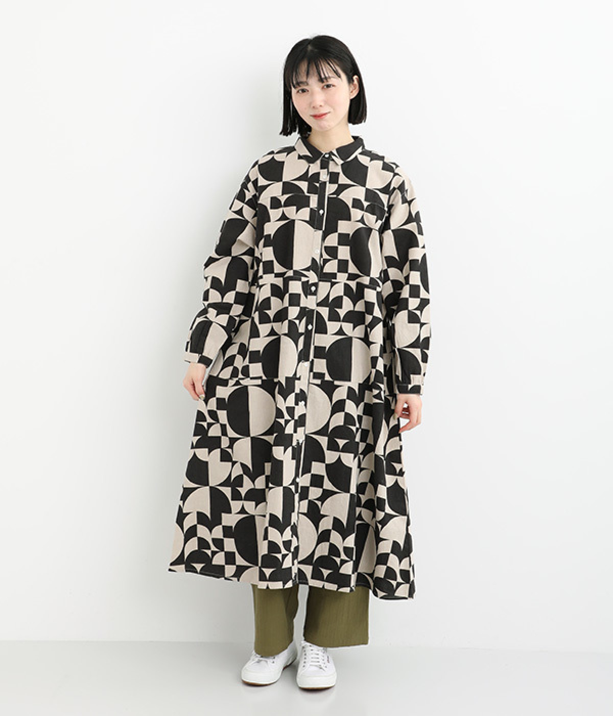 コットンツイル変形ドットプリント切替ワンピース(ベージュ-ONESIZE)