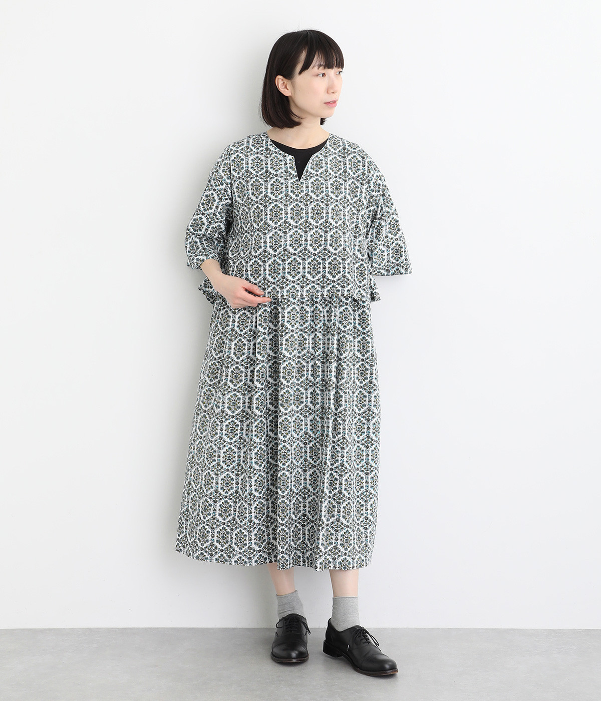コットンモダール2枚重ねワンピース(ブルー-ONESIZE)