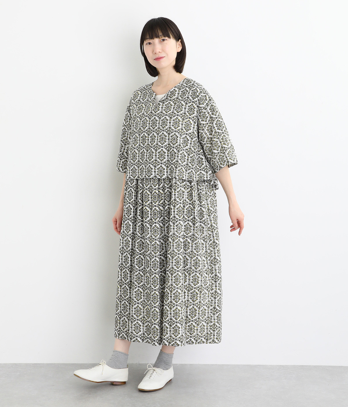 コットンモダール2枚重ねワンピース(イエロー-ONESIZE)