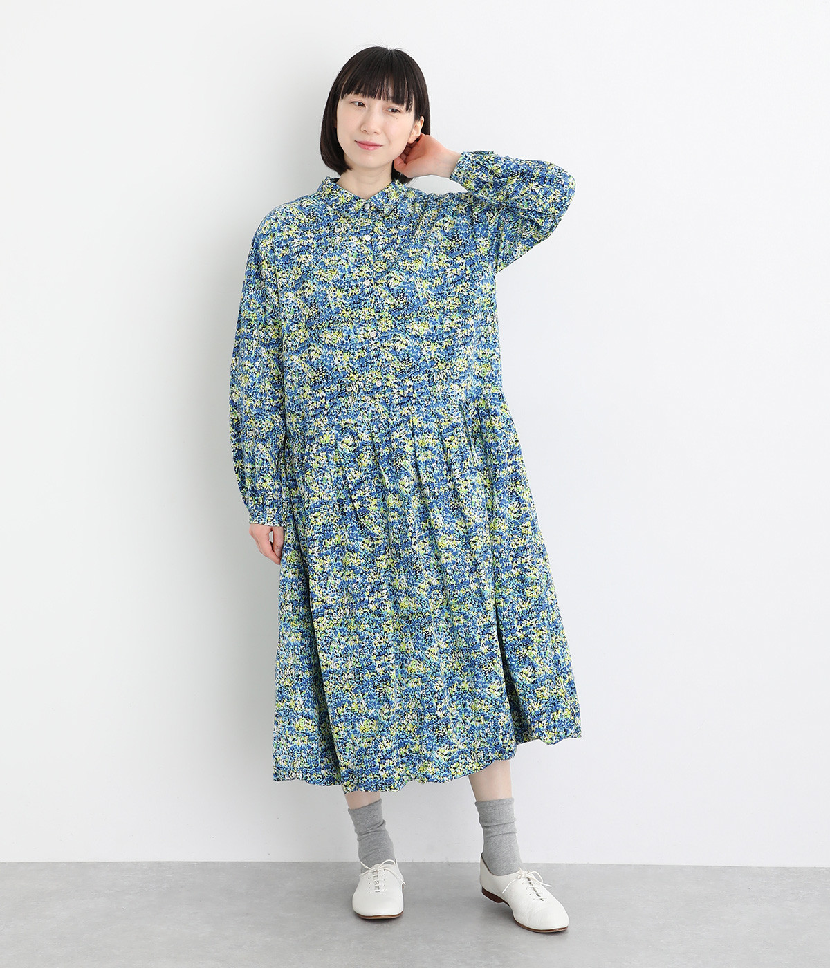 コットンモダール花柄プリントバルーンワンピース(ブルー-ONESIZE)