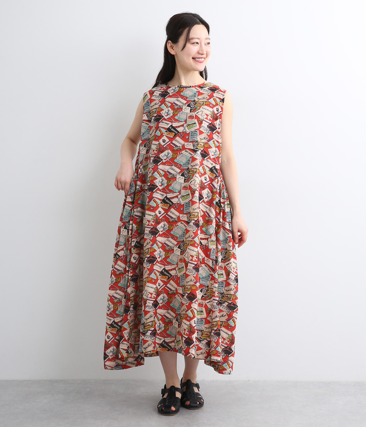 コットンリネンプリントノースリーブワンピース(レッド-ONESIZE)