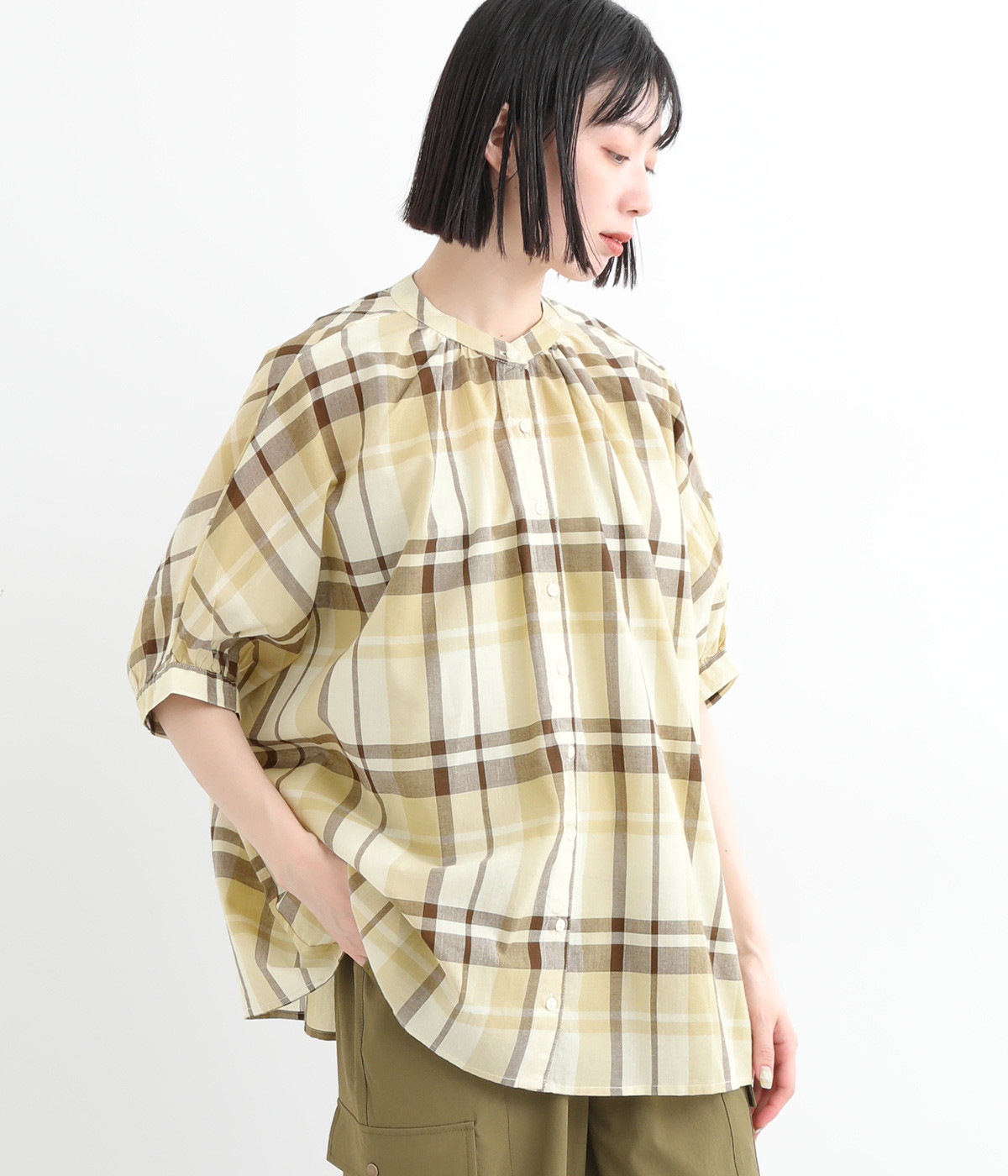 ビッグマドラスチェックギャザーブラウス(アイボリーチェック-ONESIZE)