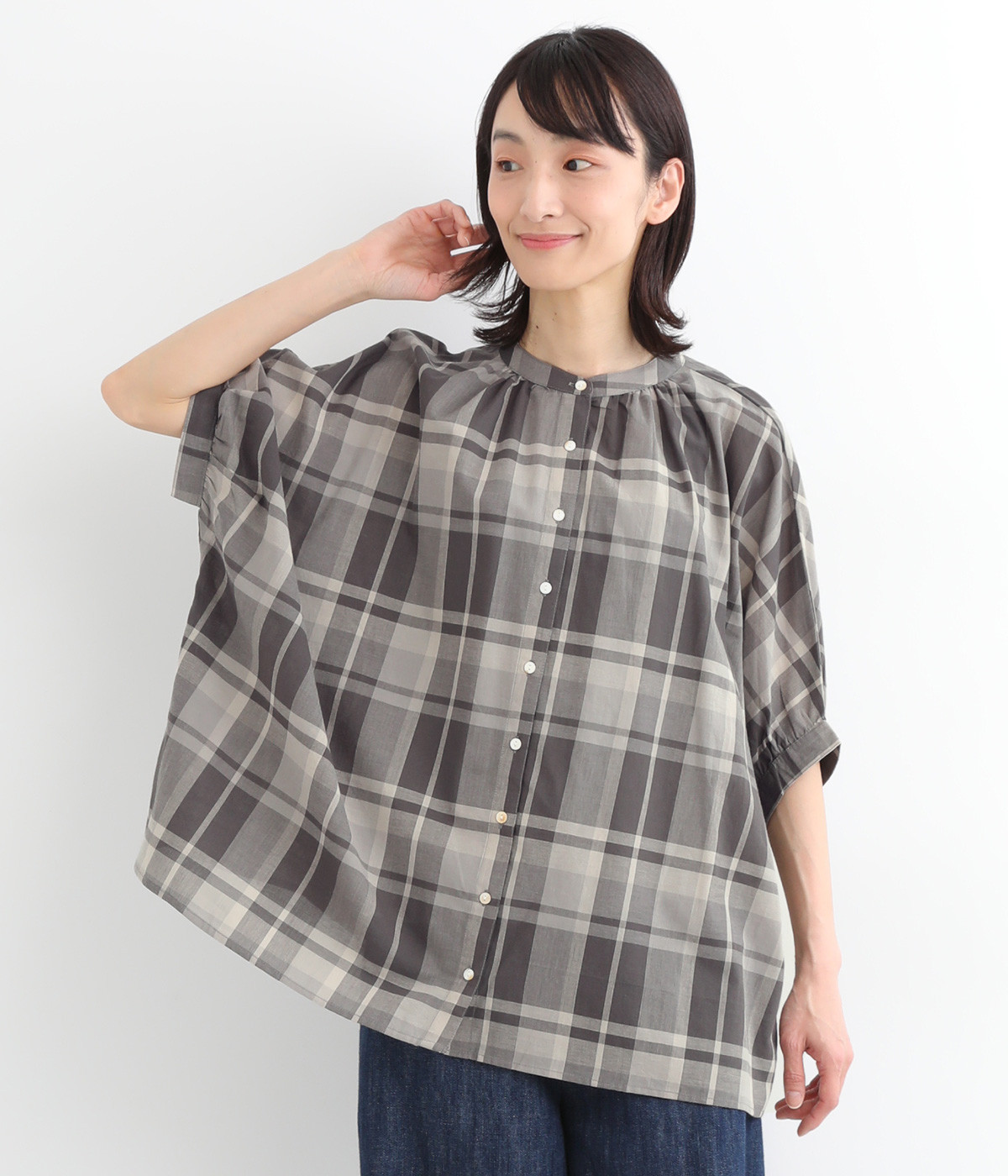 ビッグマドラスチェックギャザーブラウス(グレーチェック-ONESIZE)