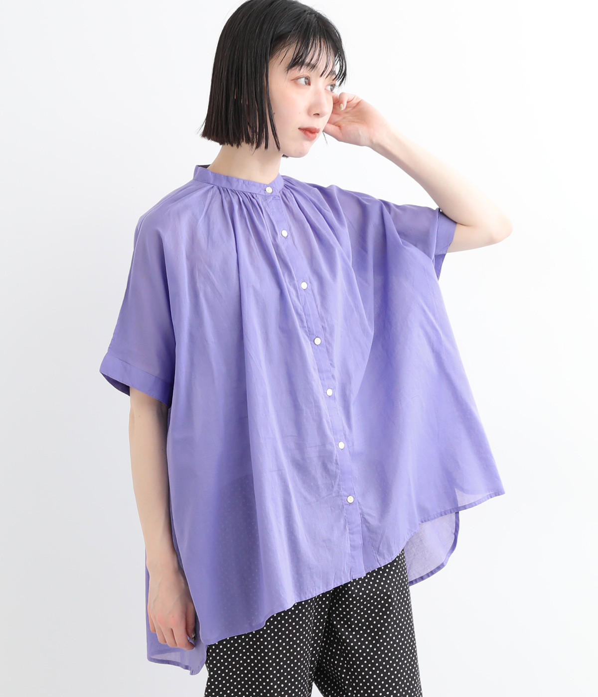 コットンボイルバンドカラーシャツ(パープル-ONESIZE)
