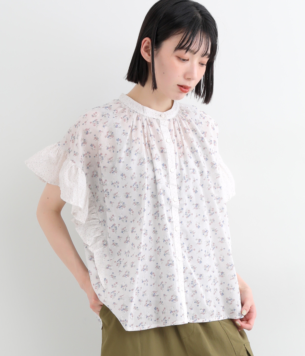 コットンボイルprint patch work　袖フレアブラウス(グレージュ-ONESIZE)