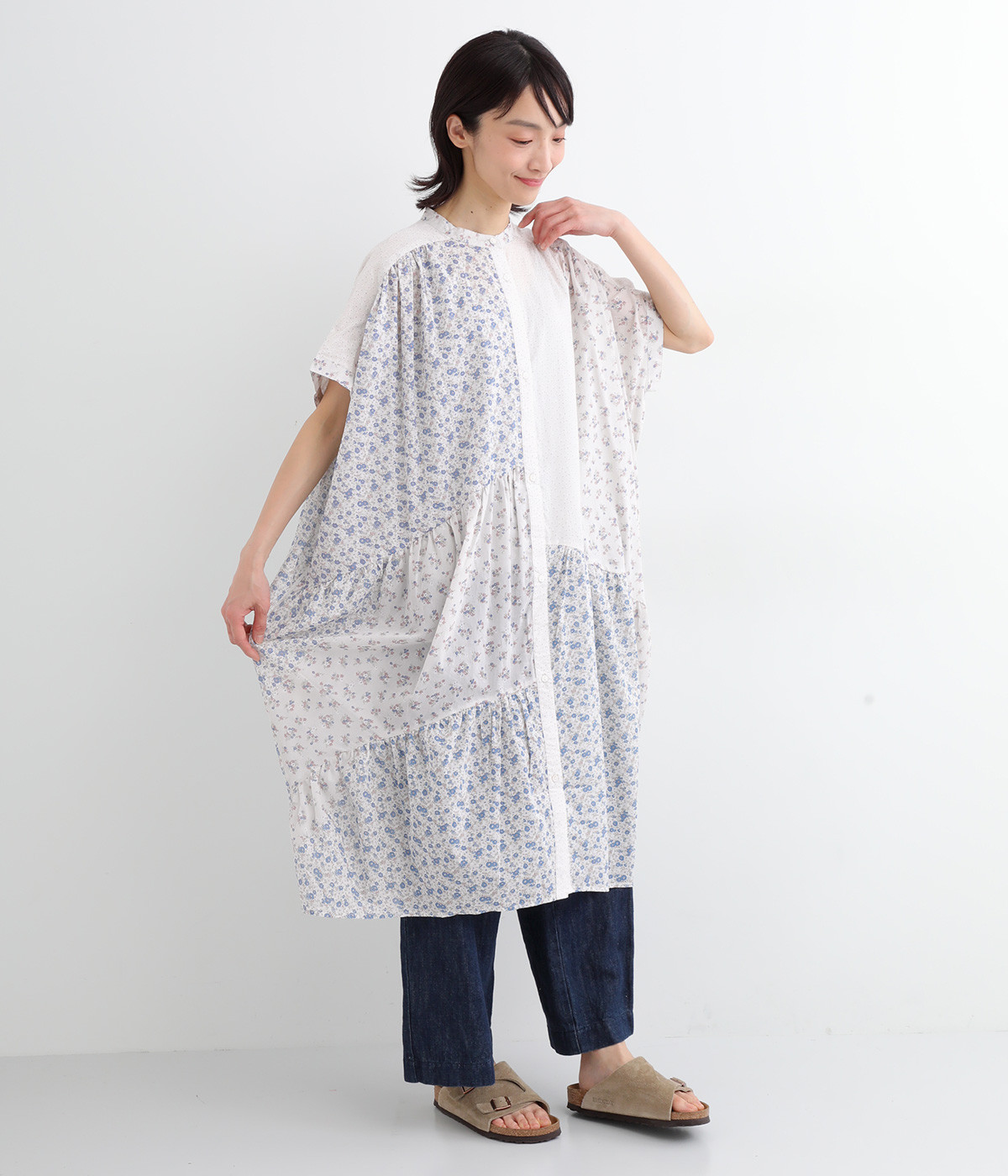 コットンボイルprint patch work　切替ワンピース(グレージュ-ONESIZE)