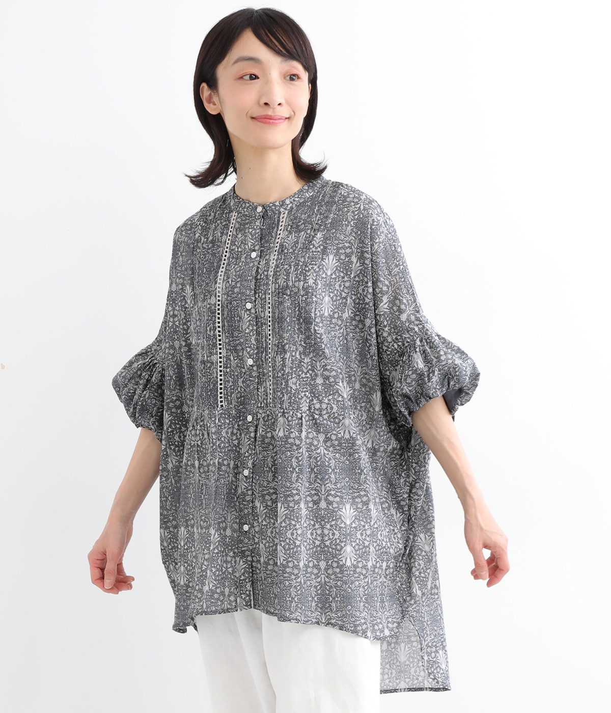 コットンボイルprint ピンタックチュニック(チャコール-ONESIZE)