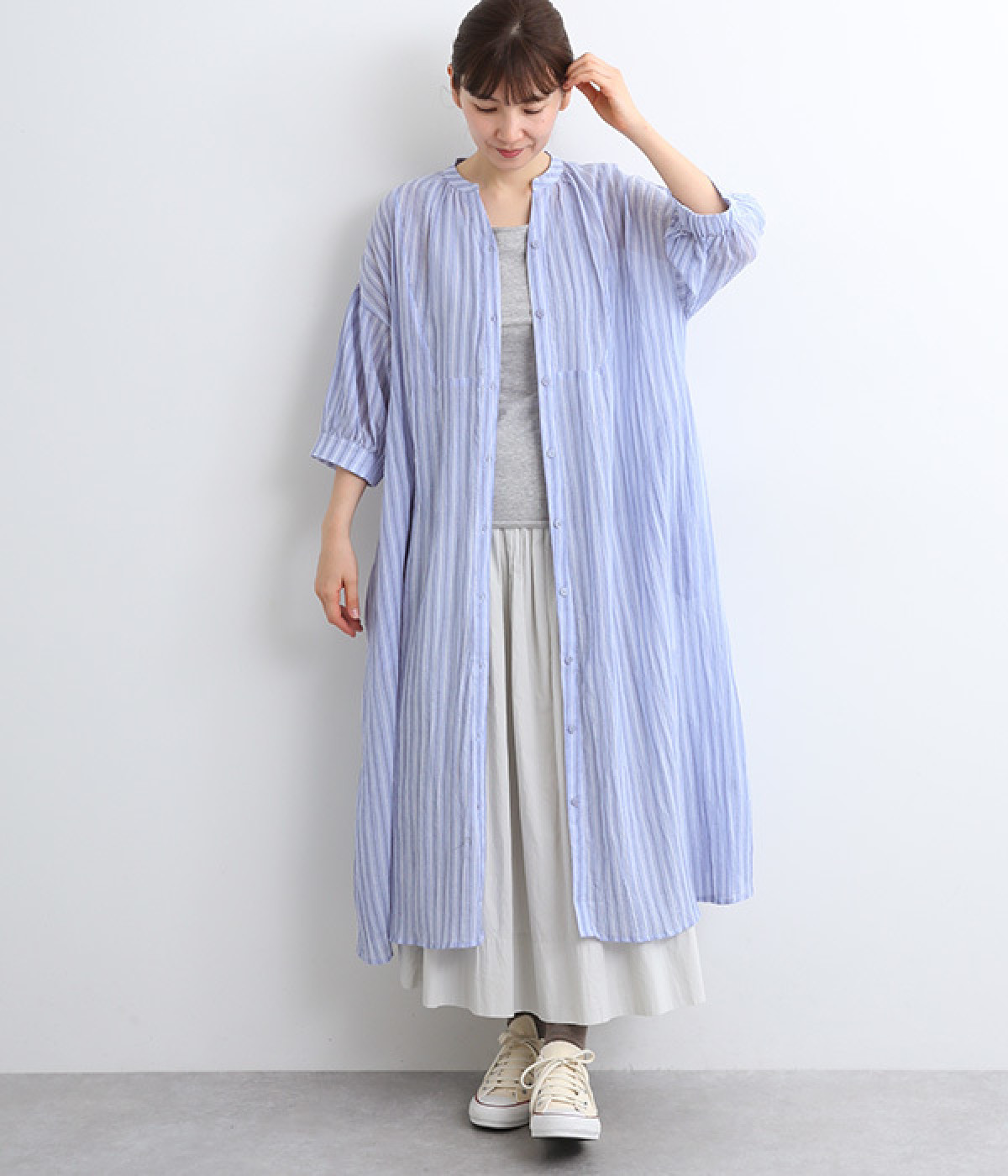 コットンクレープカフタン風ワンピース(ブルーストライプ-ONESIZE)