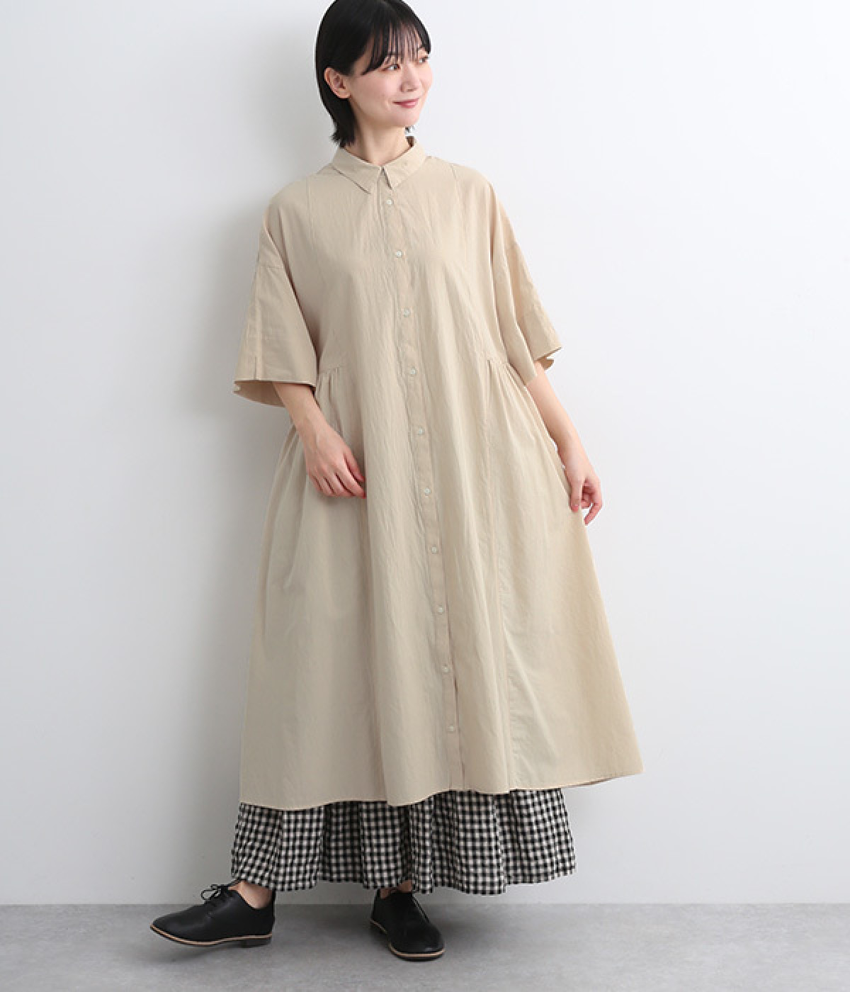 サイドウォッシュローンシャツワンピース(ベージュ-ONESIZE)