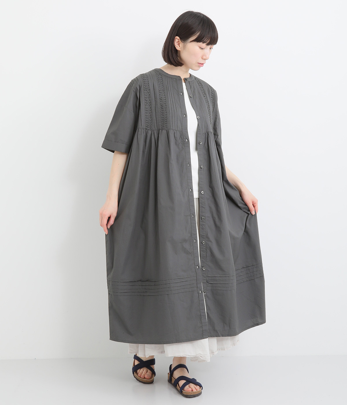 タイプライター ピンタックシャツワンピース(チャコール-ONESIZE)