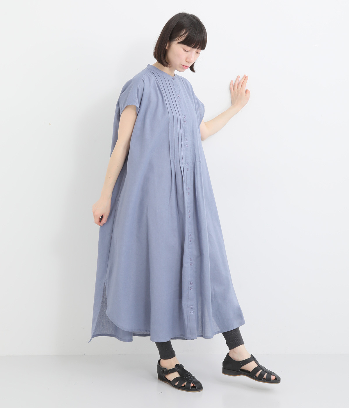 コットンリネン ノースリーブワンピース(ブルー-ONESIZE)