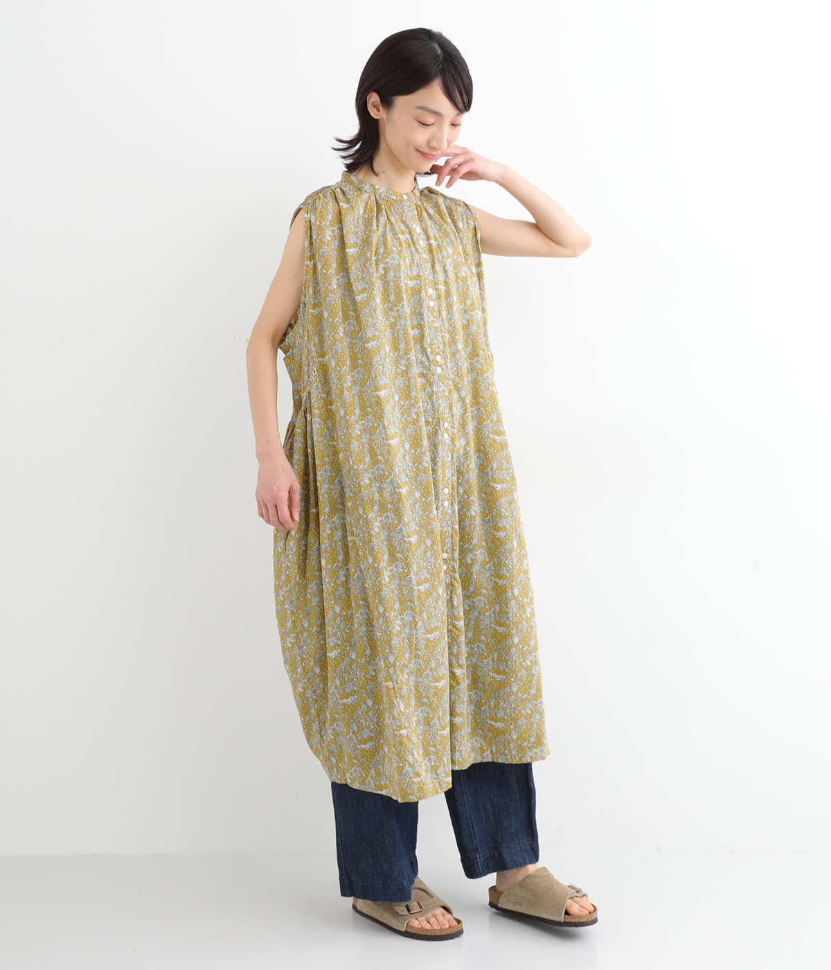 コットンボイルprint ノースリーブギャザーワンピース(イエロー-ONESIZE)