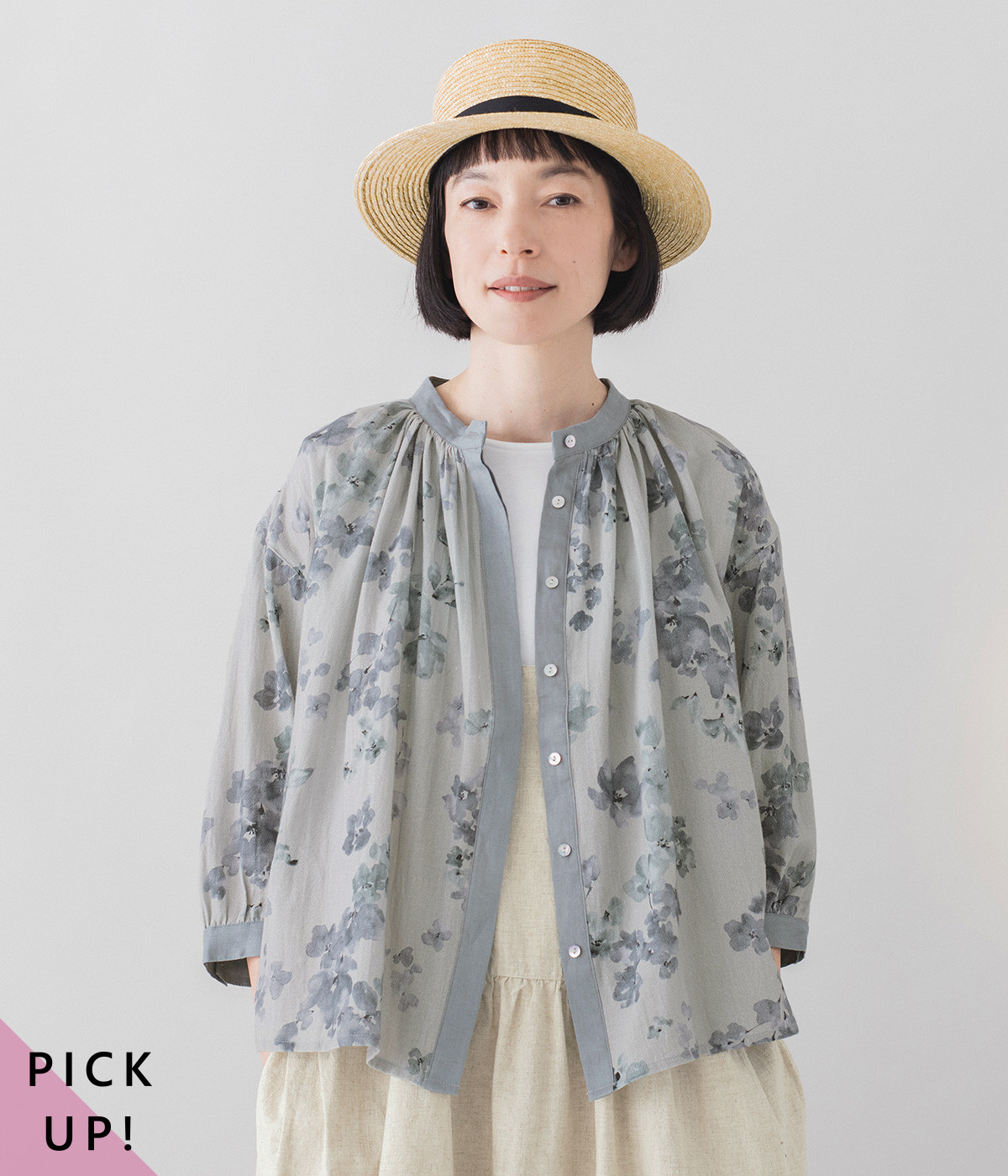 別注｜コットンぼかし花柄ブラウス(グレー-ONESIZE)