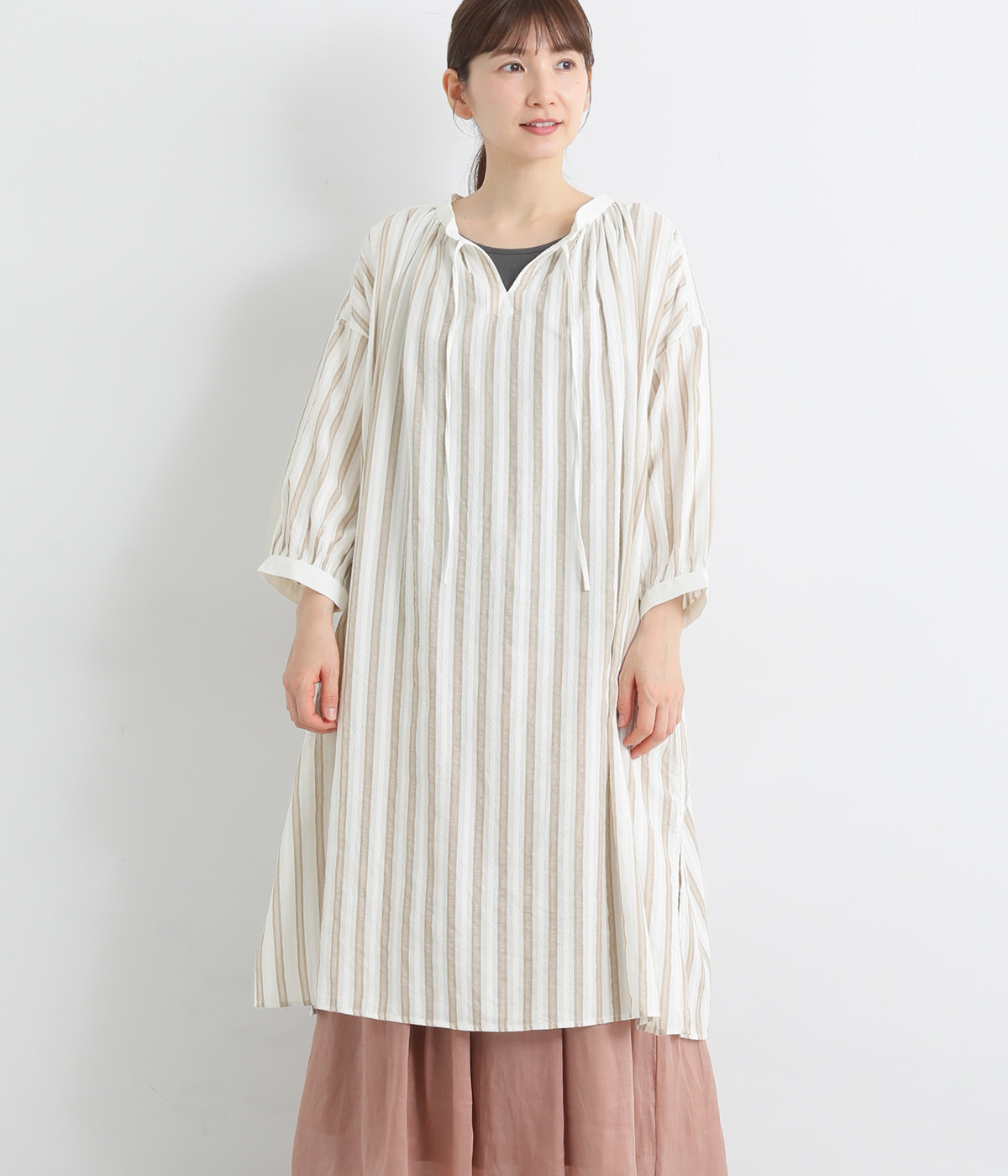 コットンドビーストライプスキッパーチュニック(ベージュ-ONESIZE)