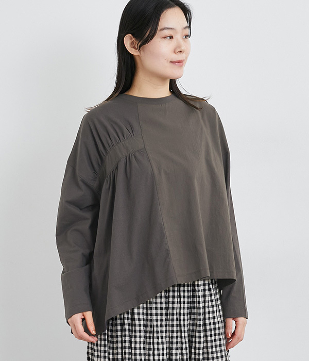 コットン天竺布帛切替アシメプルオーバー(チャコール-ONESIZE)