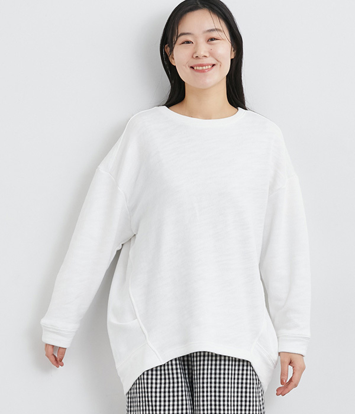 コットンスラブメランジ裏毛切替チュニック(オフホワイト-ONESIZE)