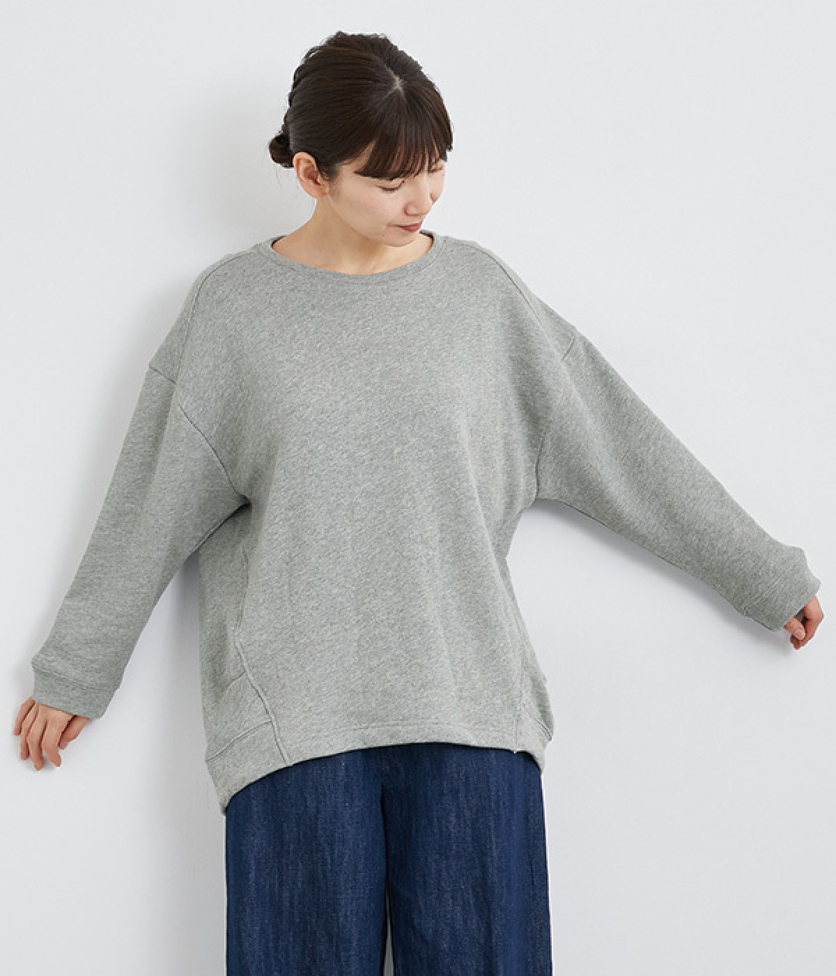 コットンスラブメランジ裏毛切替チュニック(トップグレー-ONESIZE)