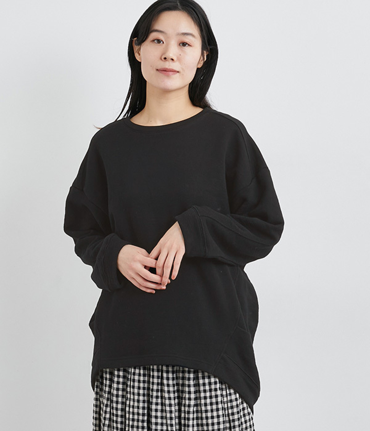 コットンスラブメランジ裏毛切替チュニック(ブラック-ONESIZE)