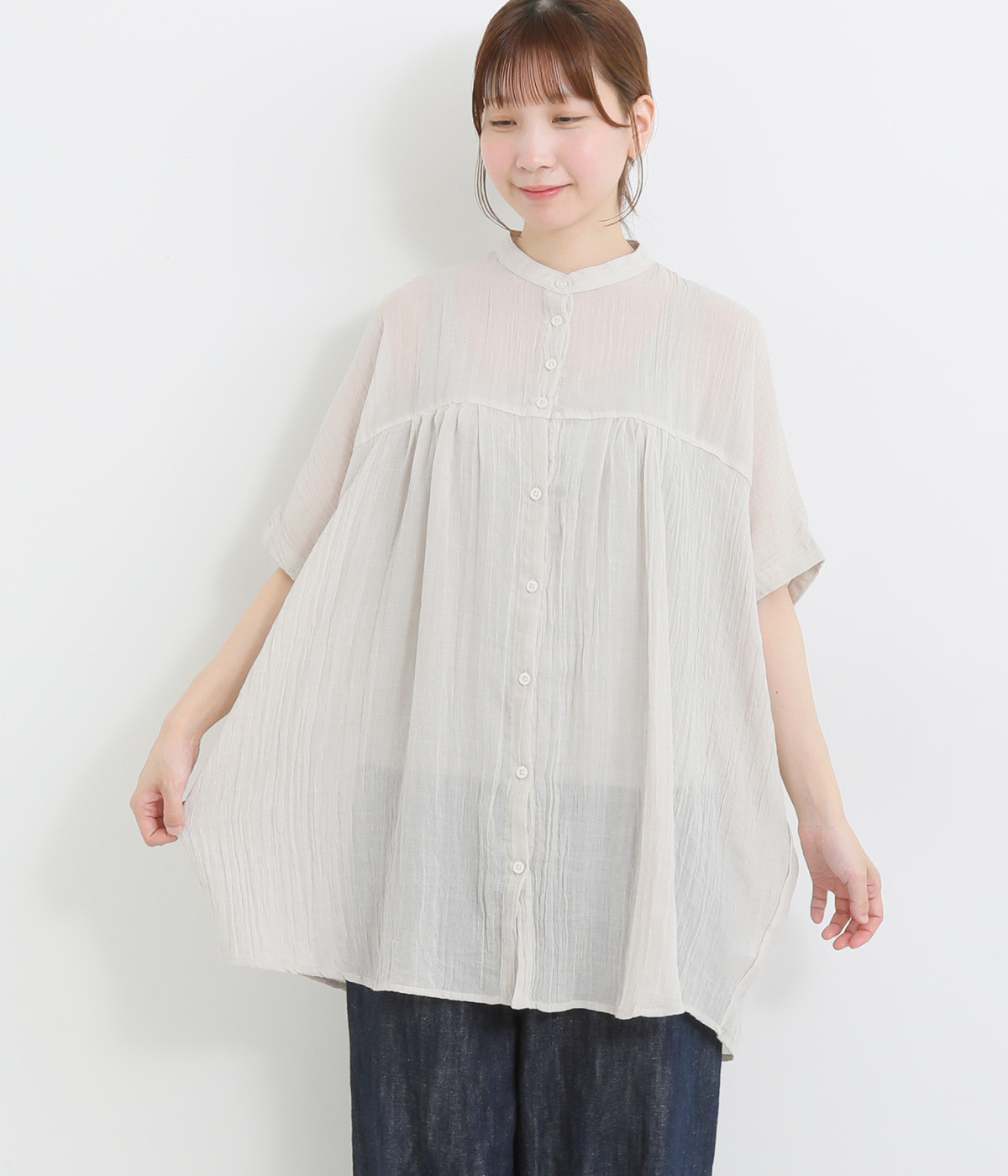 ソフトガーゼ切替ワイドギャザーチュニック(オフグレー-ONESIZE)