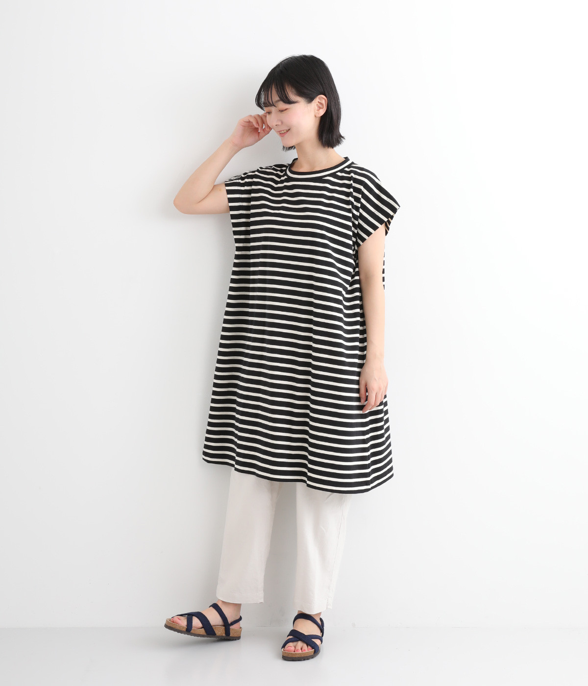 コットンストレッチ天竺ボーダー　ワイドチュニック(クロ×アイボリー-ONESIZE)