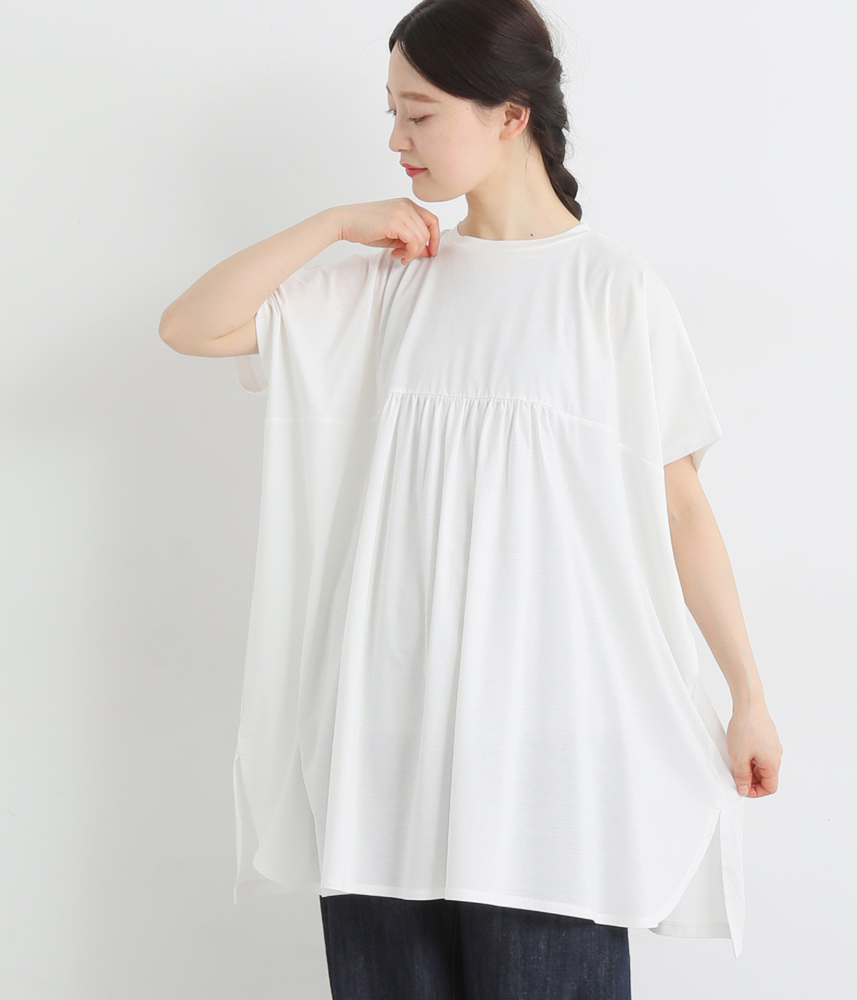 【tukuroi by SUN VALLEY】コットンシルケット天竺　切替えギャザーワイドチュニック(オフシロ-ONESIZE)