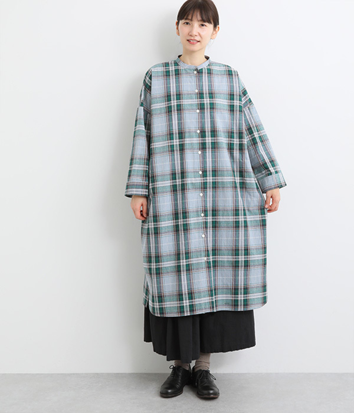 コットン平織チェック柄シャツワンピース(グリーンブルー-ONESIZE)
