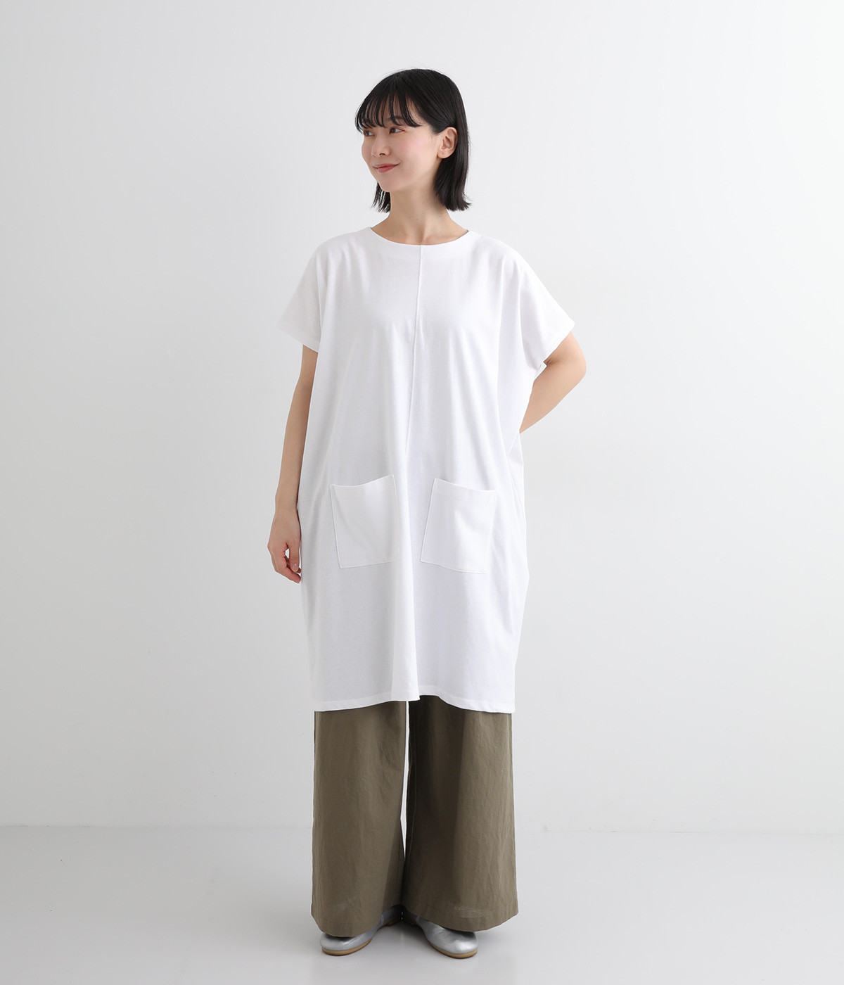 空紡糸天竺　ワイド2wayワンピース(シロ-ONESIZE)