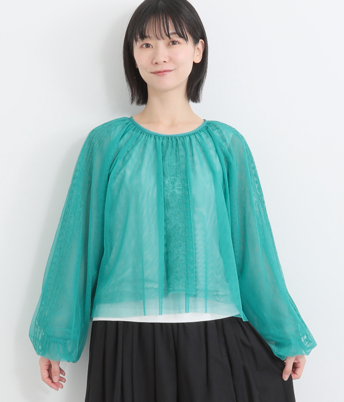 メッシュ刺繍後ろリボンフレアブラウス(ブルー-ONESIZE)