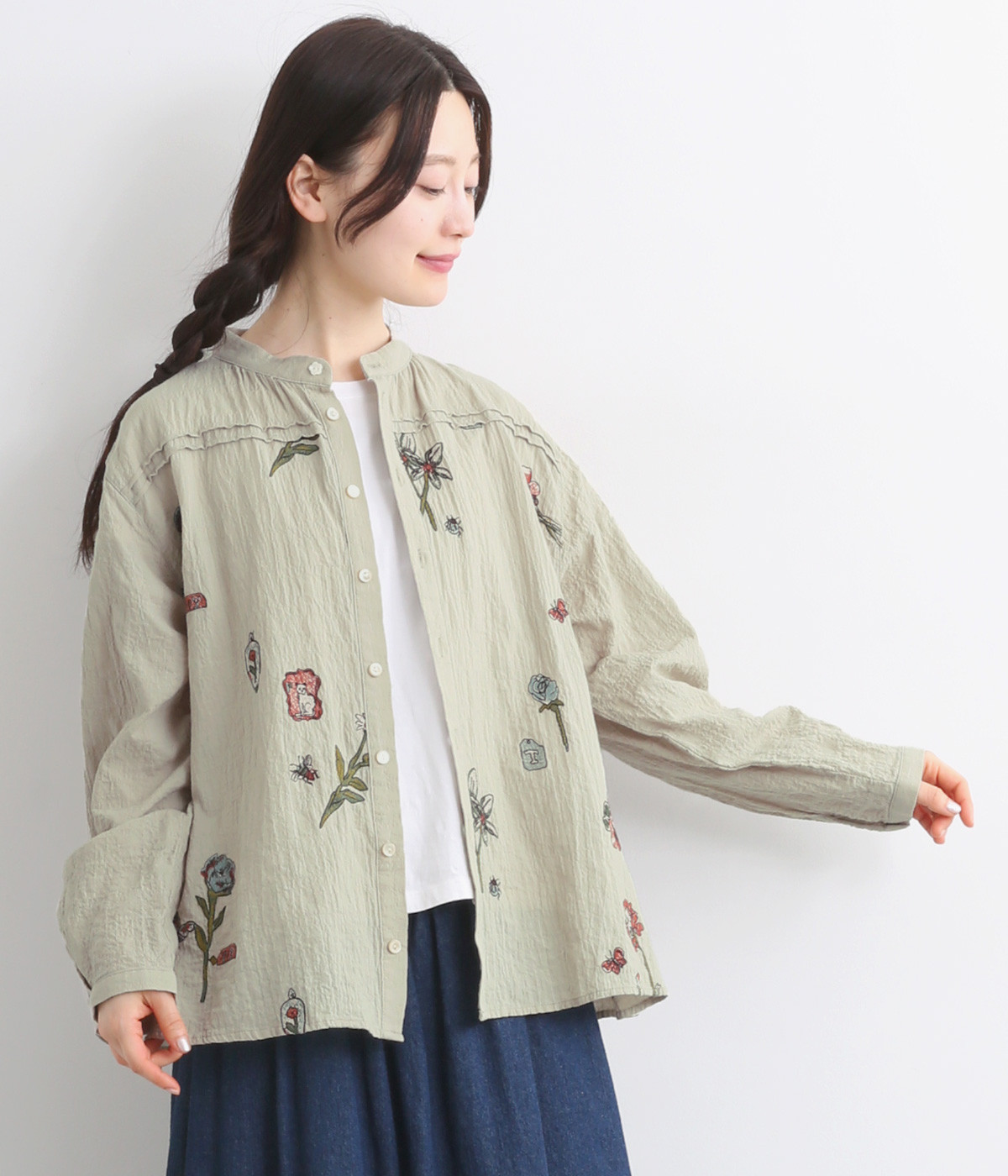 SUPER HAKKA×庄島歩音コットンシャーリング｢Tiny flowers｣刺繍スタンドカラーブラウス(ベージュ-ONESIZE)