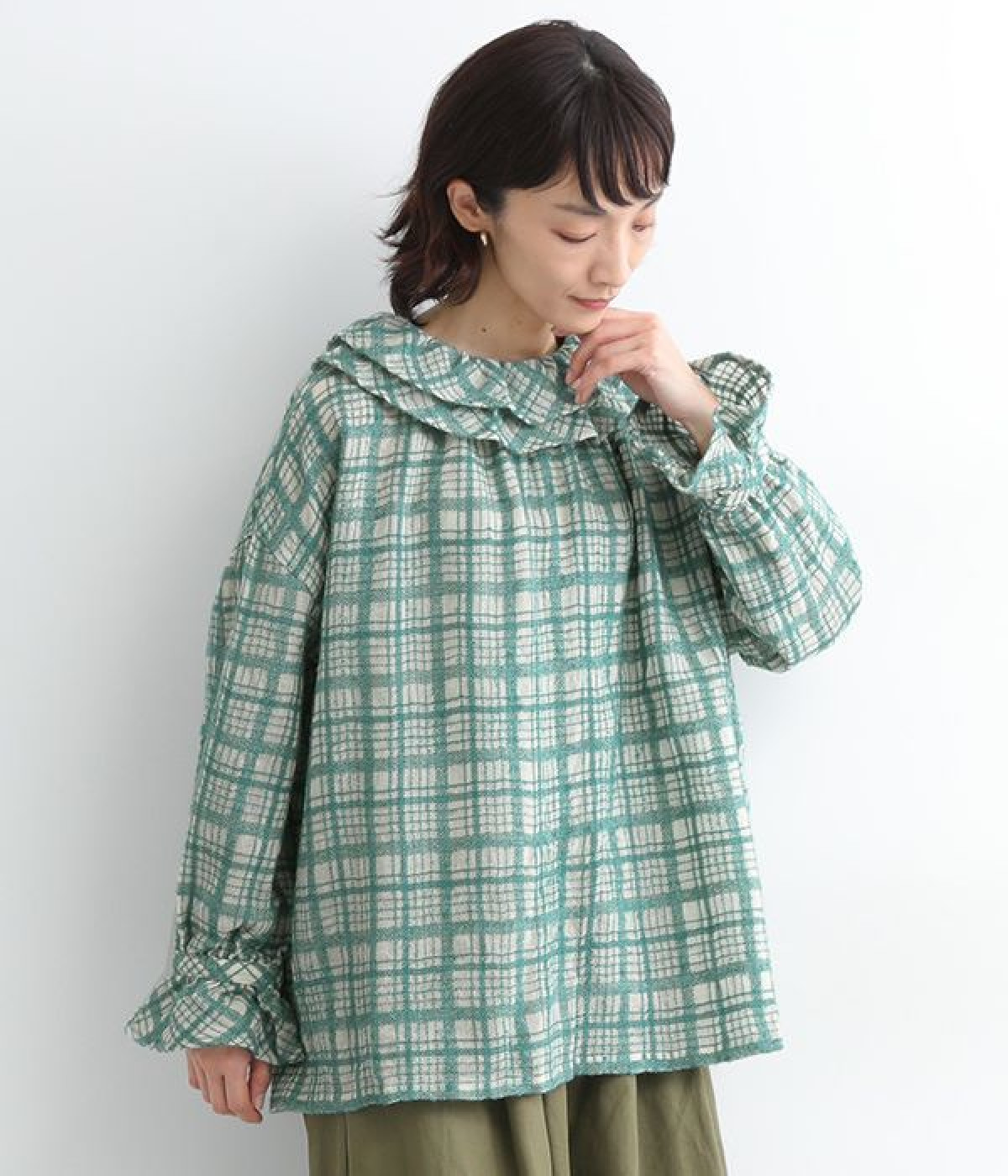 ウールチェック2WAYプルオーバー(グリーン-ONESIZE)