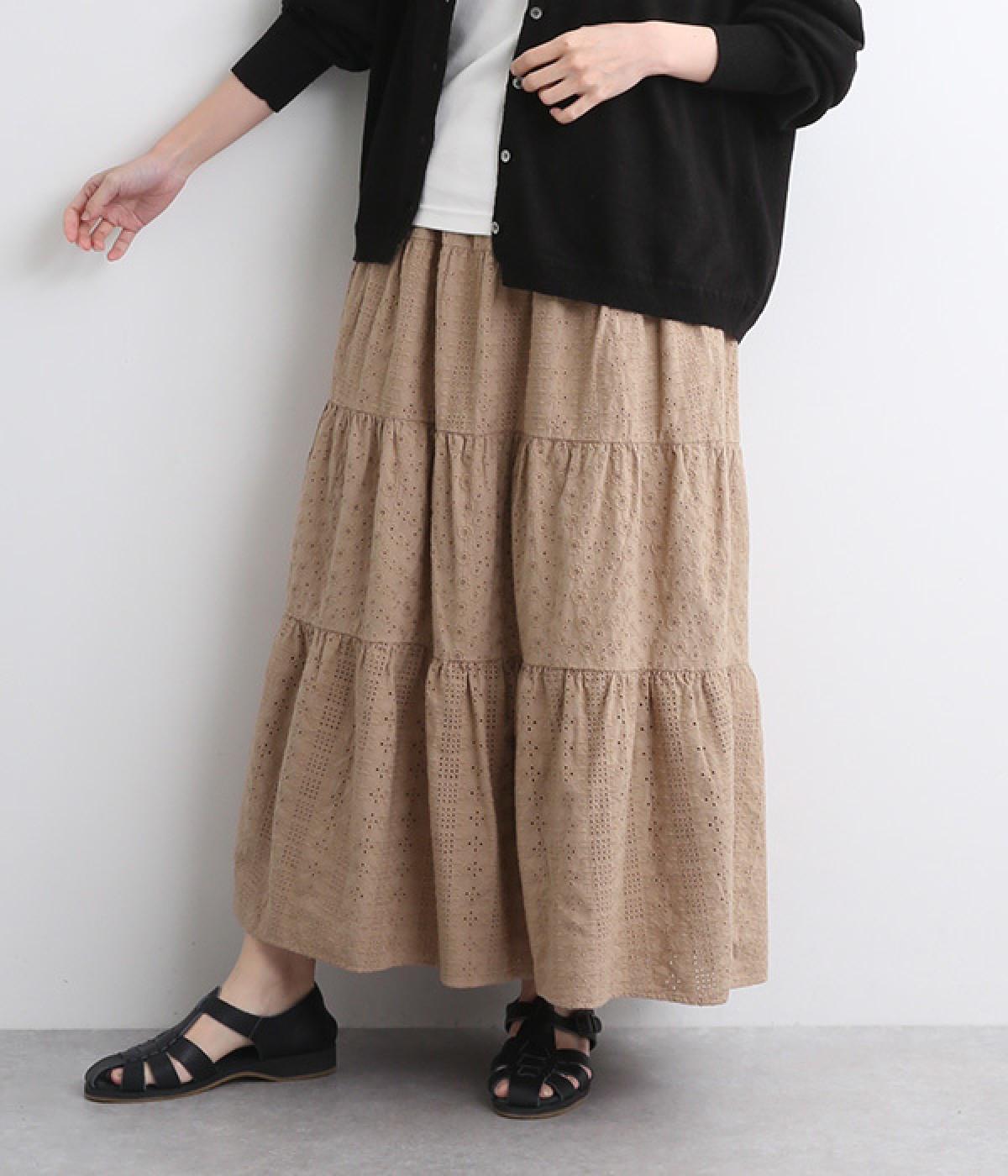 コットン刺繍レースオーバーダイスカート(ベージュ-ONESIZE)