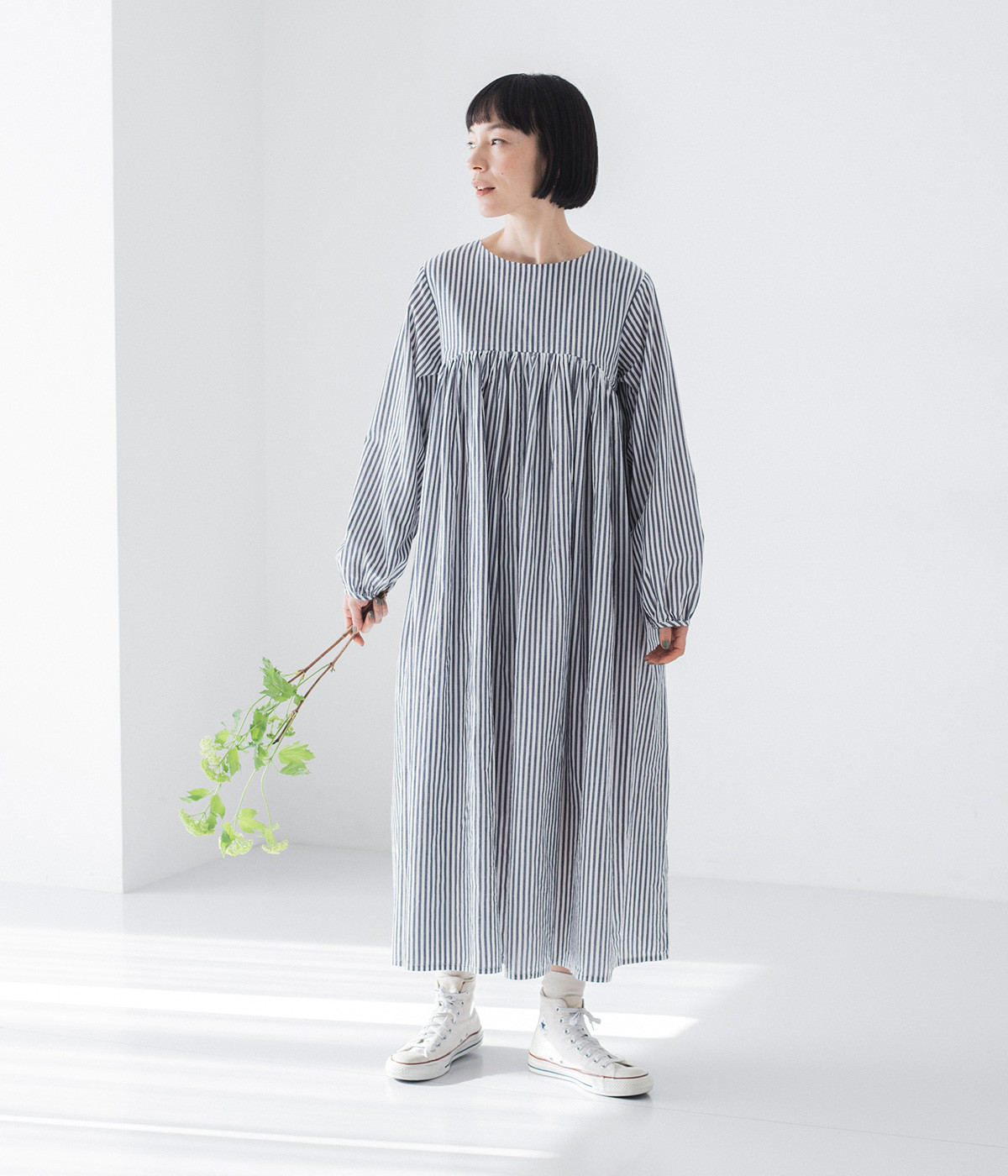 コットンリネンストライプ 2wayギャザーワンピース(ネイビー-ONESIZE)