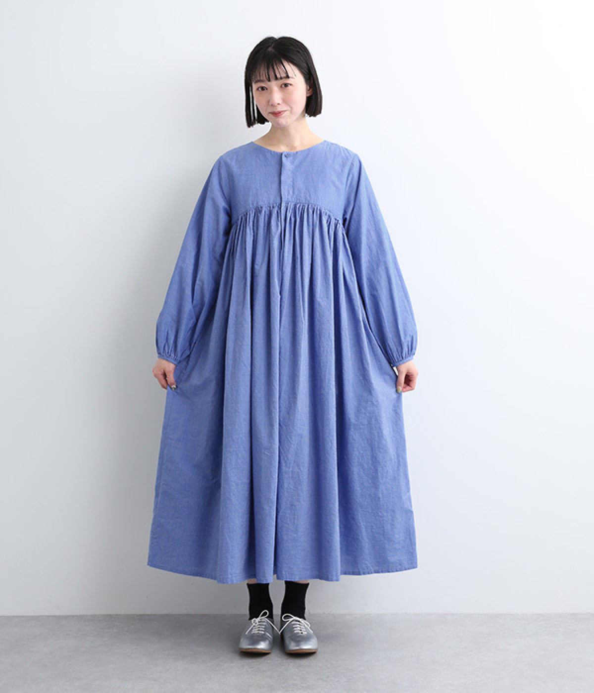 コットンリネン 2wayギャザーワンピース(ブルー-ONESIZE)