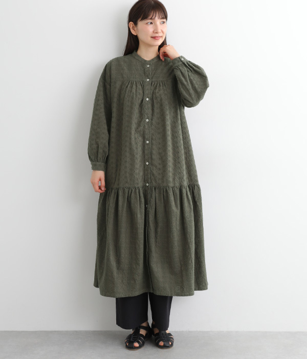 コットン刺繍レースオーバーダイワンピース(チャコール-ONESIZE)
