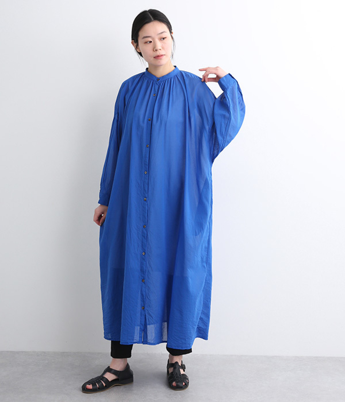コットン襟ギャザーワンピース(ブルー-ONESIZE)