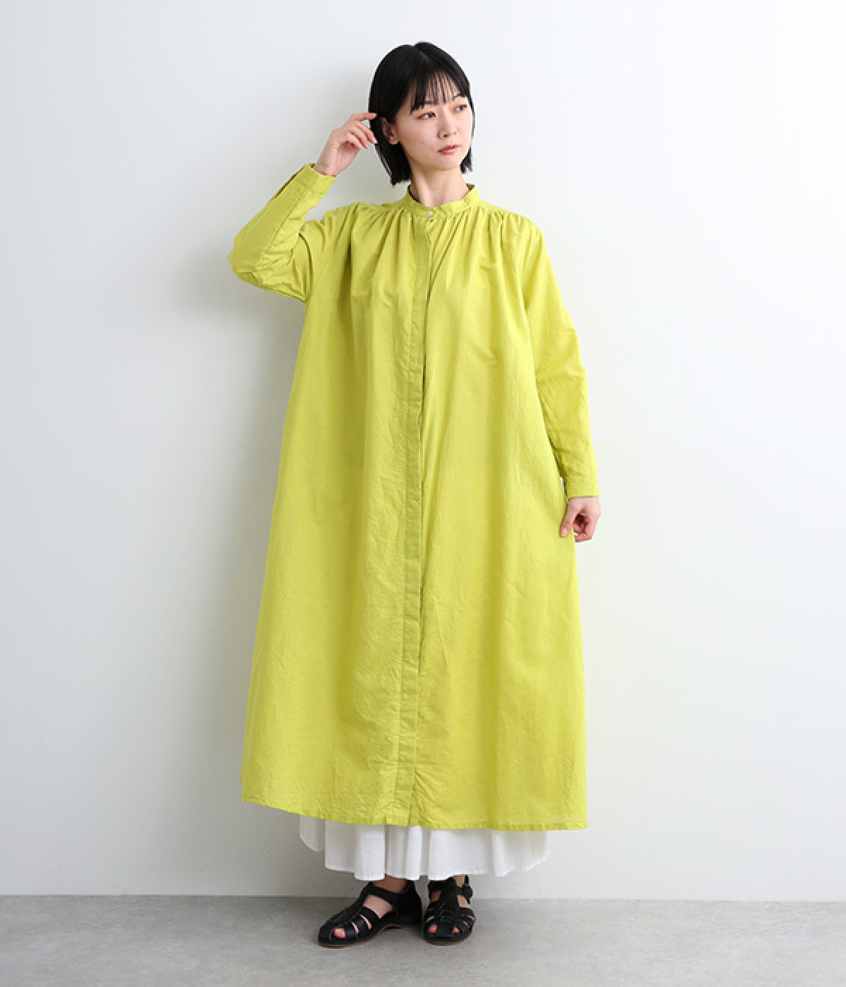 コットンリネンギャザーワンピース(ライム-ONESIZE)