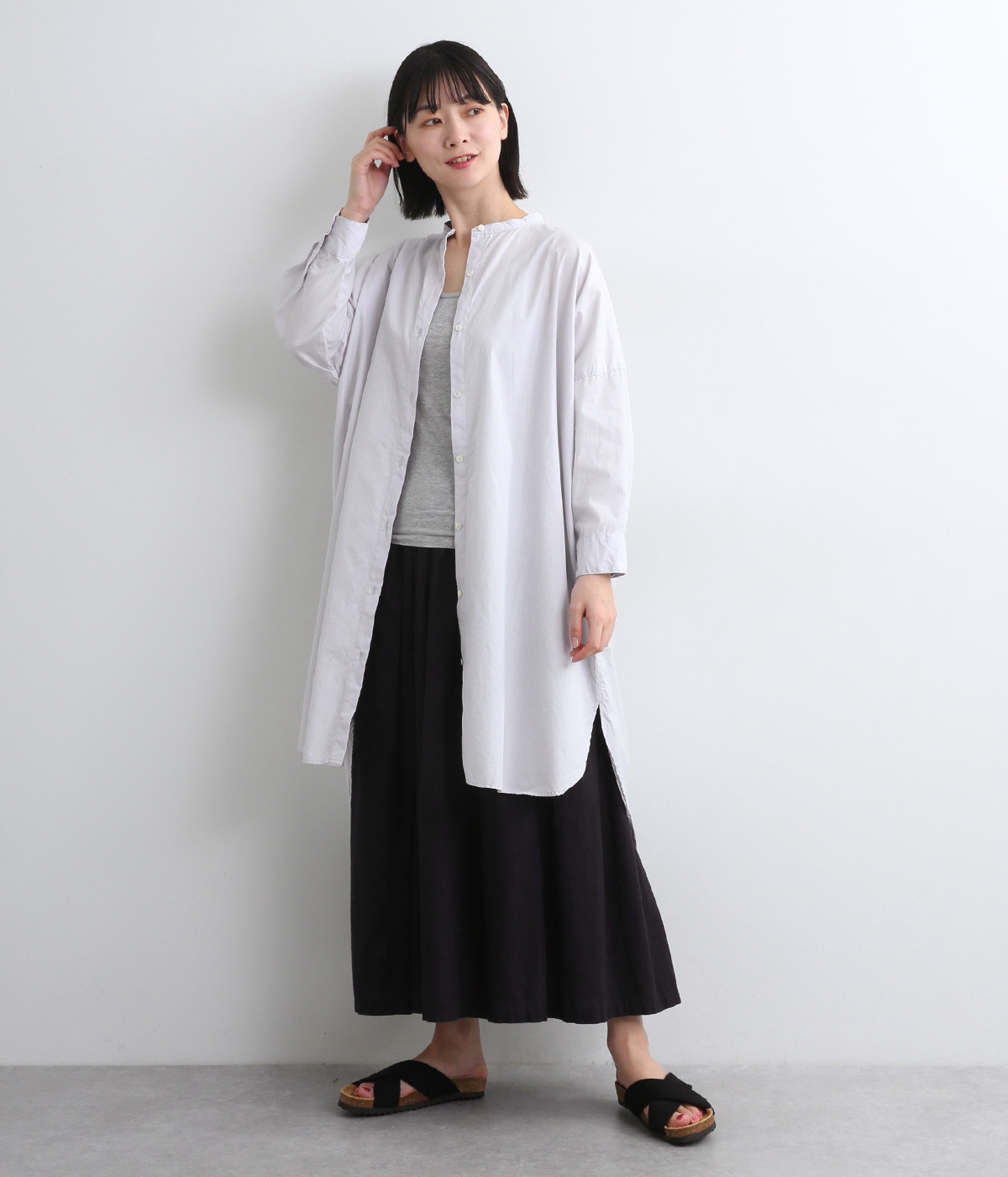 コットンブロードスタンドカラーワンピース(ライトグレー-ONESIZE)