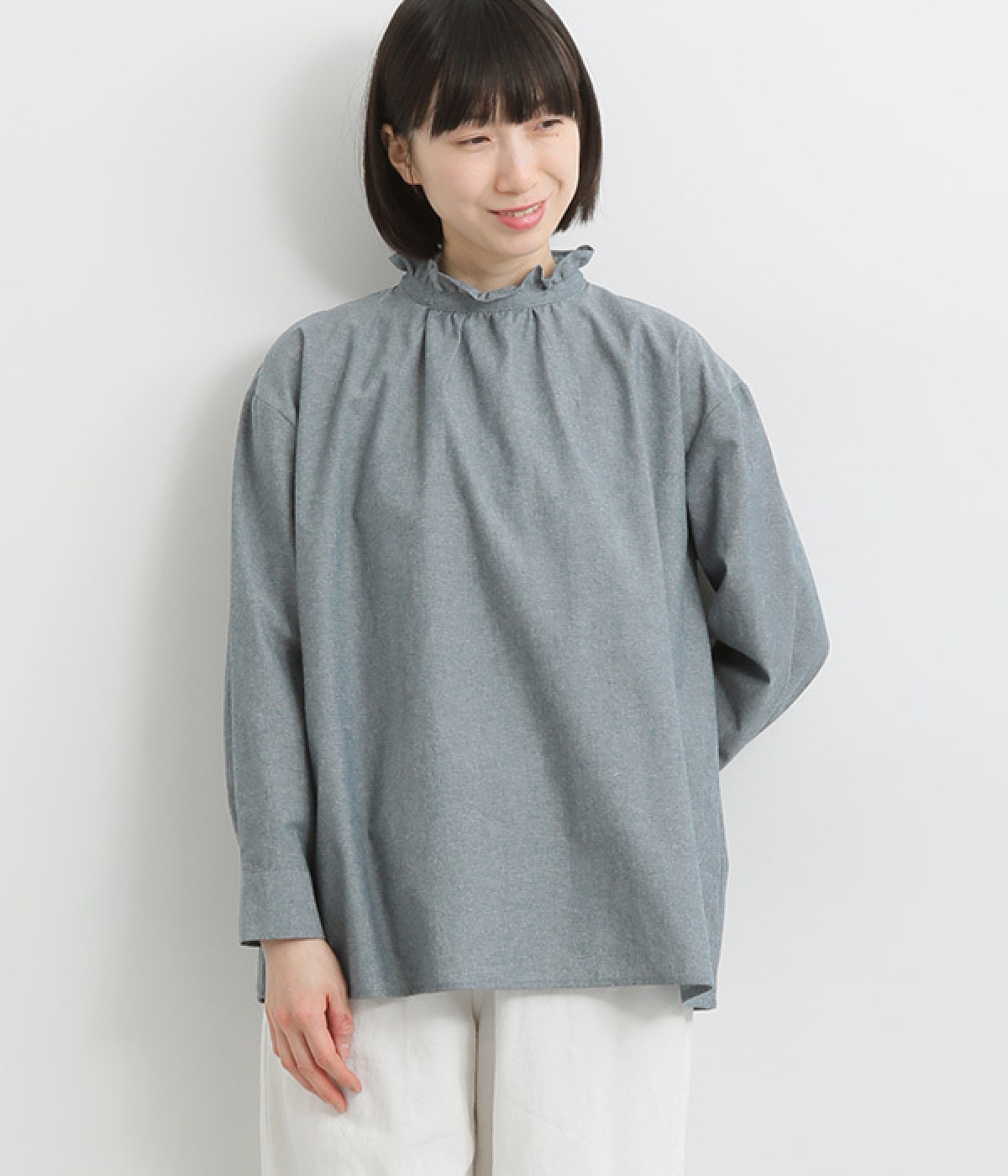 コットンシャンブレー　フリル襟プルオーバー(インディゴ-ONESIZE)