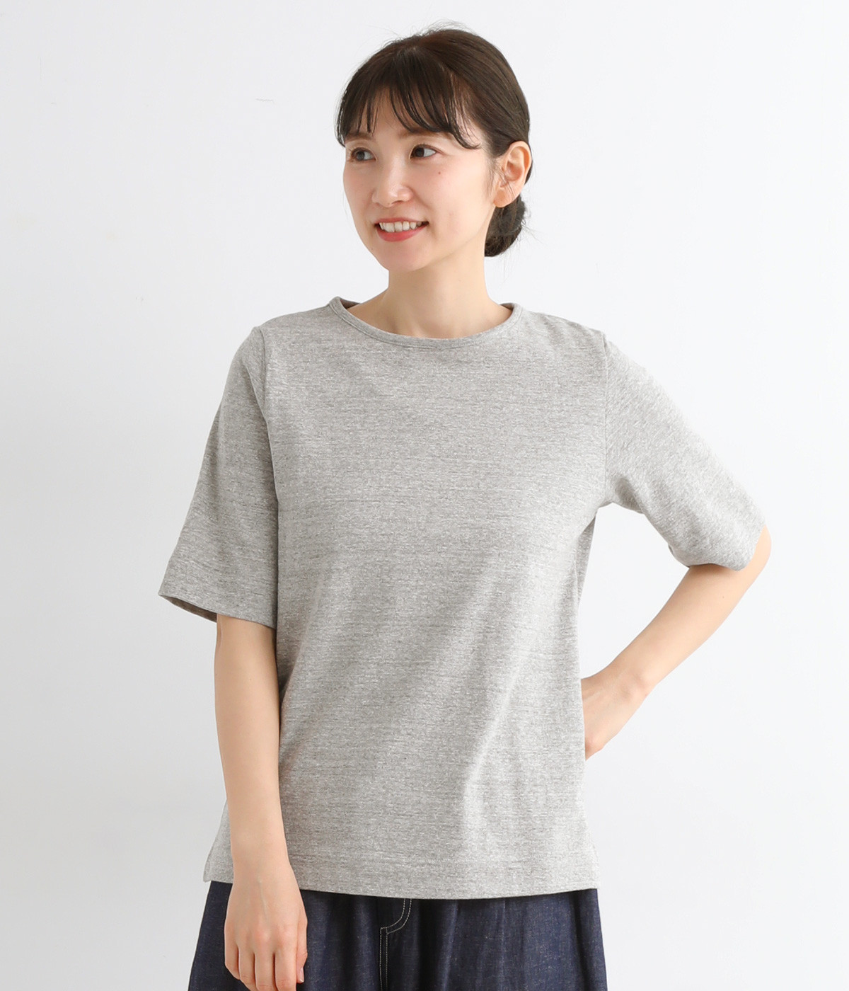 ラフィ天竺　ボートネック5分袖プルオーバー(杢グレー-ONESIZE)