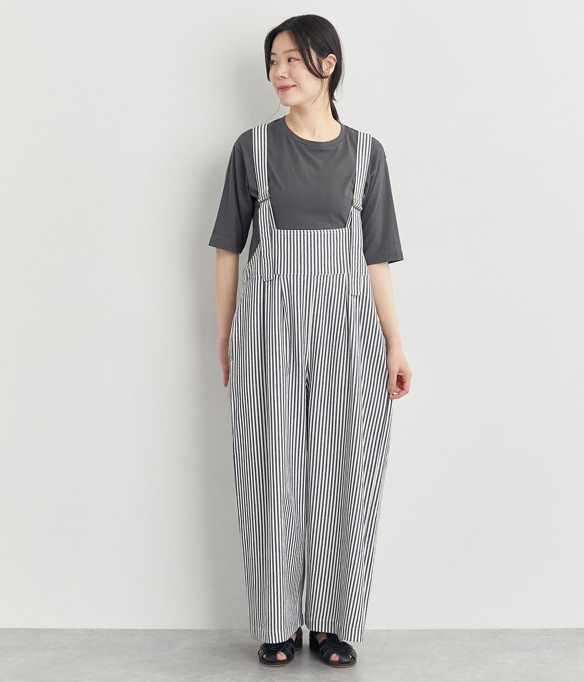 コットン三つ綾サロペット(ストライプ-ONESIZE)