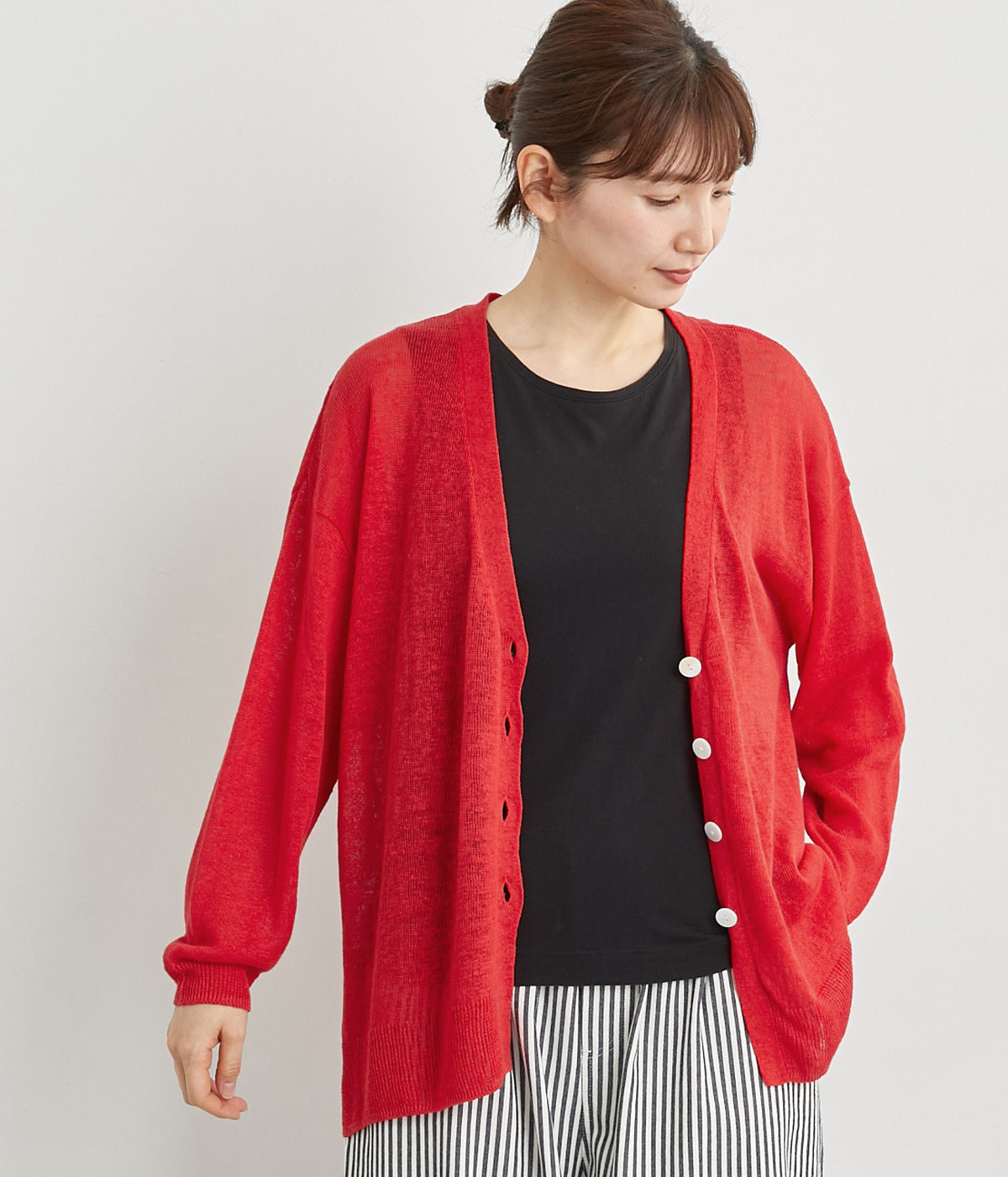 リネンニット長袖カーディガン(レッド-ONESIZE)