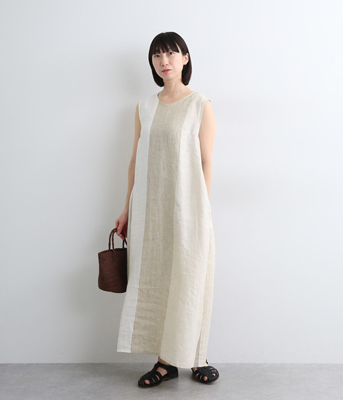リネンパネルストライプノースリーブワンピース(ベージュ-ONESIZE)