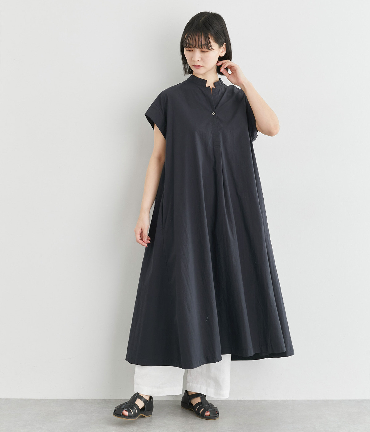 コットンフレンチスリーブワンピース(ネイビー-ONESIZE)