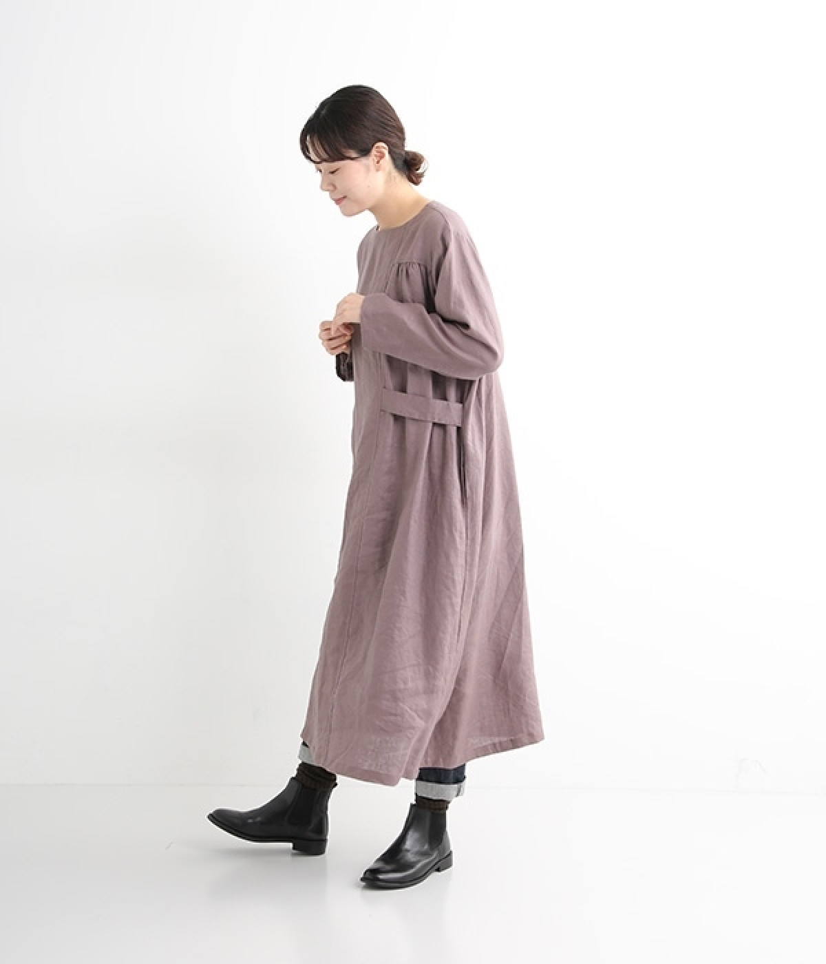 一部別注｜14番手リネン　アシンメトリーベルトギャザーワンピース(ダスティパープル-ONESIZE)