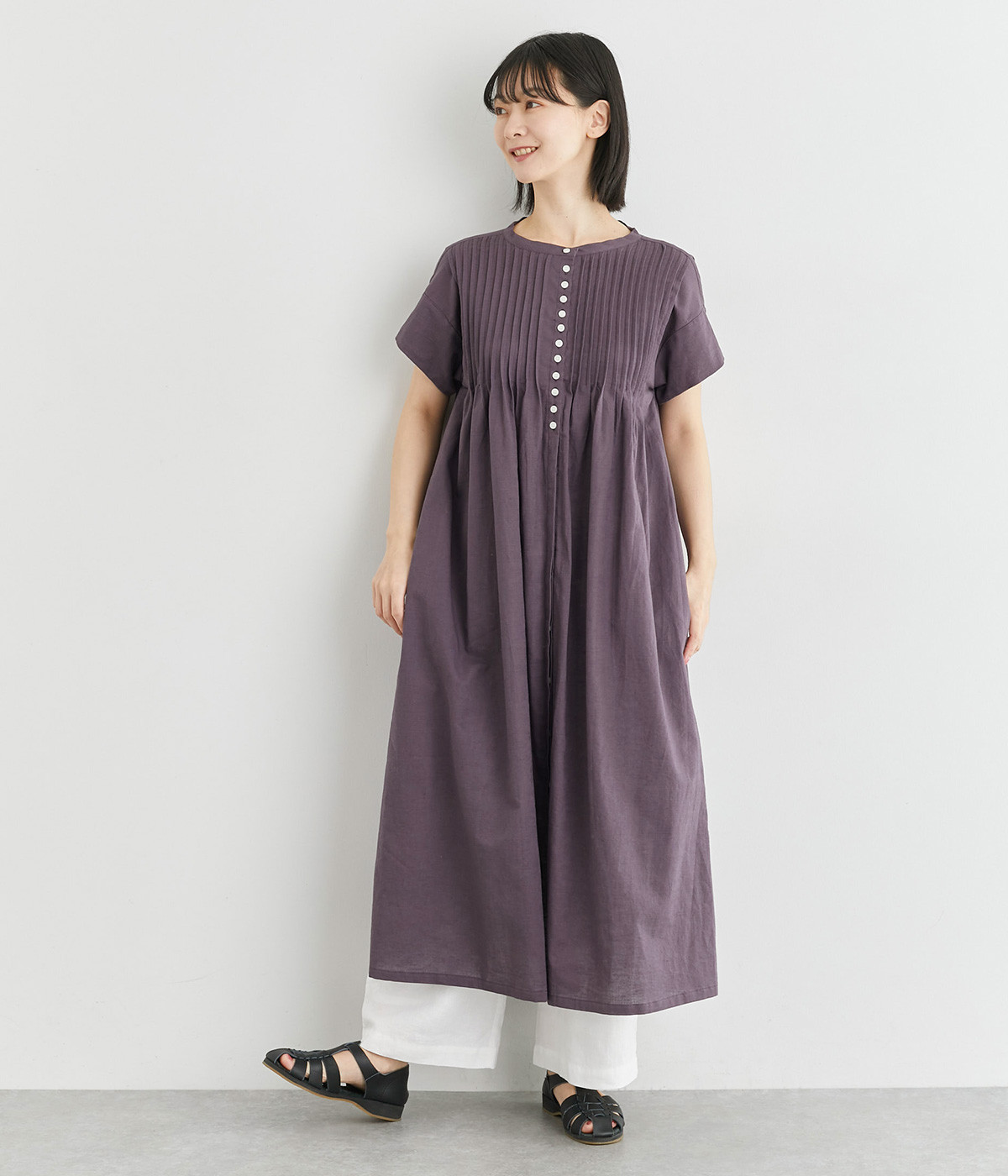 コットンリネン　ピンタックワンピース(パープル-ONESIZE)