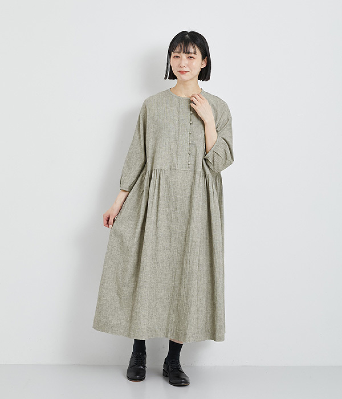コットンリネンワッシャーワンピース(刷毛目-ONESIZE)