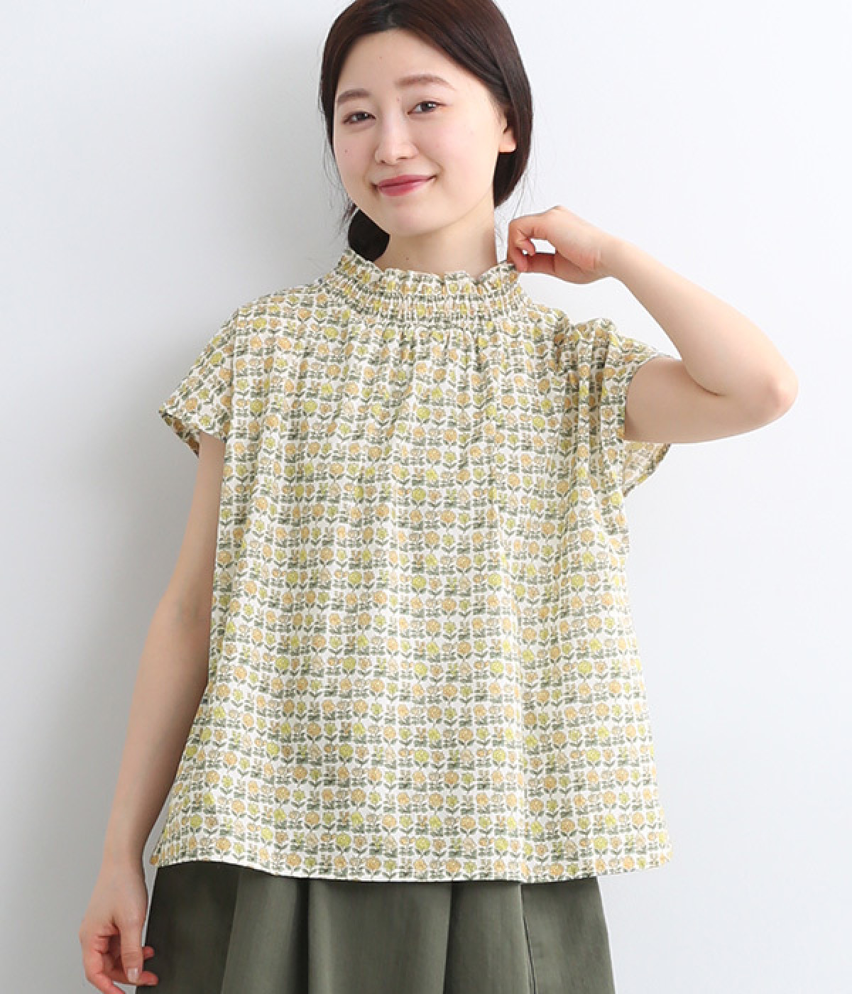 LIBERTYPRINT2wayゴムシャーリングフレンチブラウス(イエロー×DavaliaFlowers-ONESIZE)