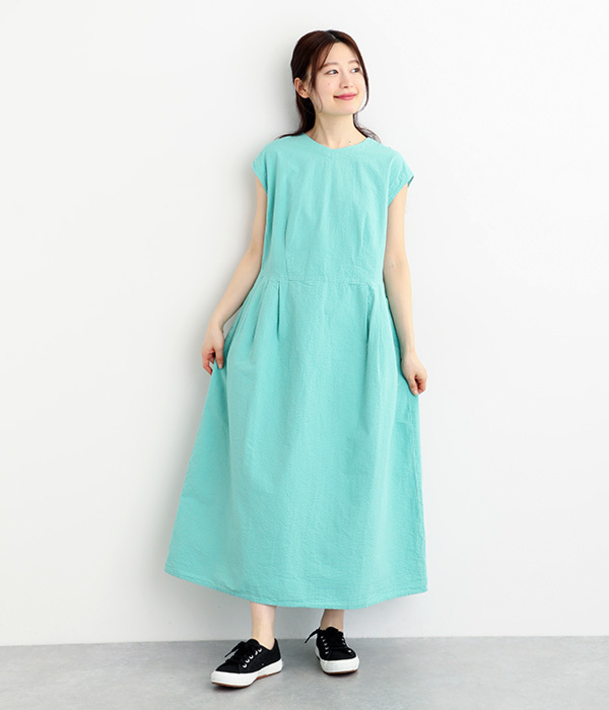 コットンサッカーフレンチワンピース(ペールグリーン-ONESIZE)