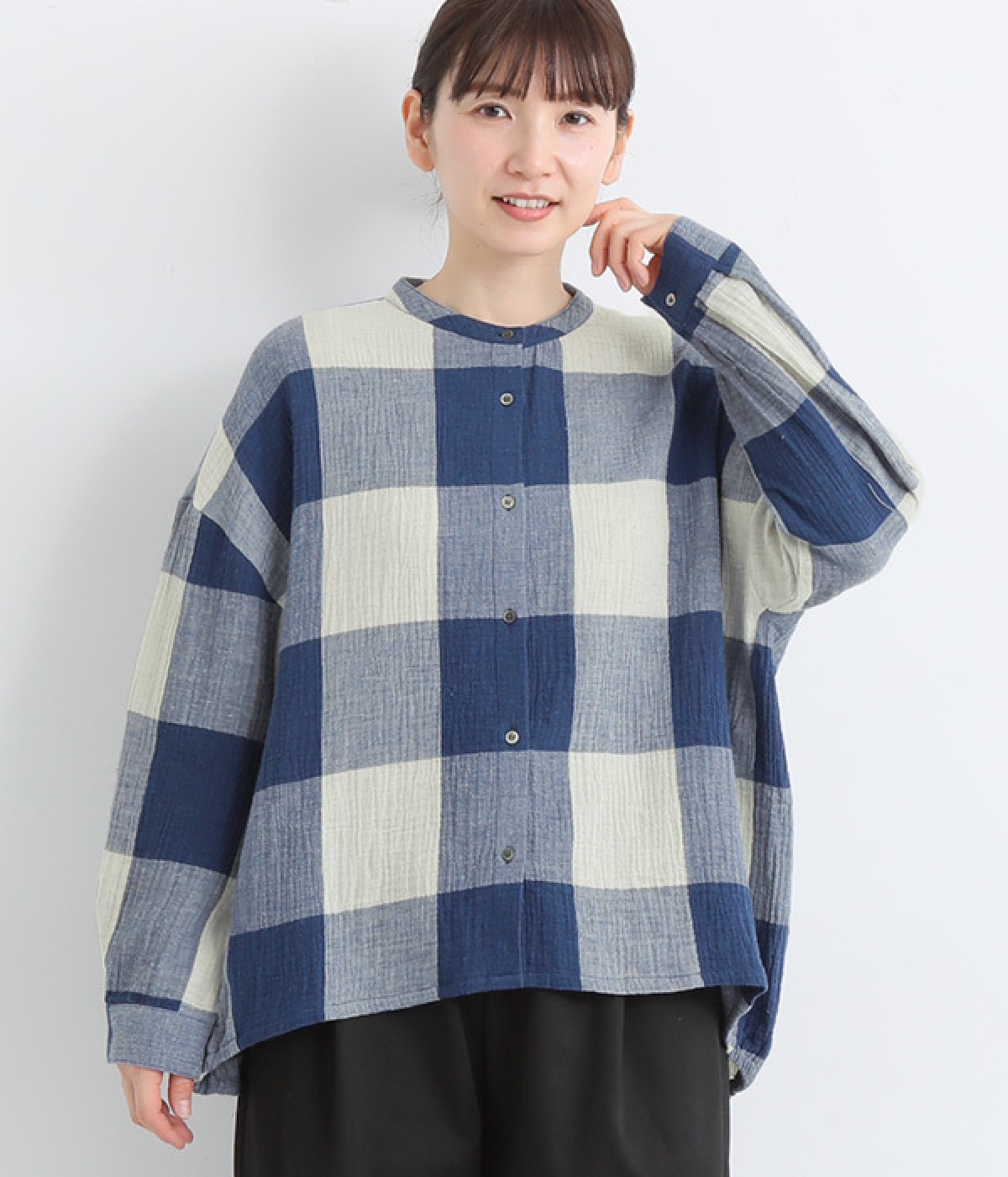 2重織ガーゼ　バックバルーンブラウス(ブルーチェック-ONESIZE)